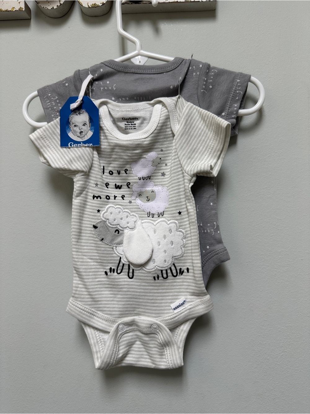 NWT Gerber Cream & Gray Short-Sleeve Baby Bodysuit 2-Pack - Sheep Applique